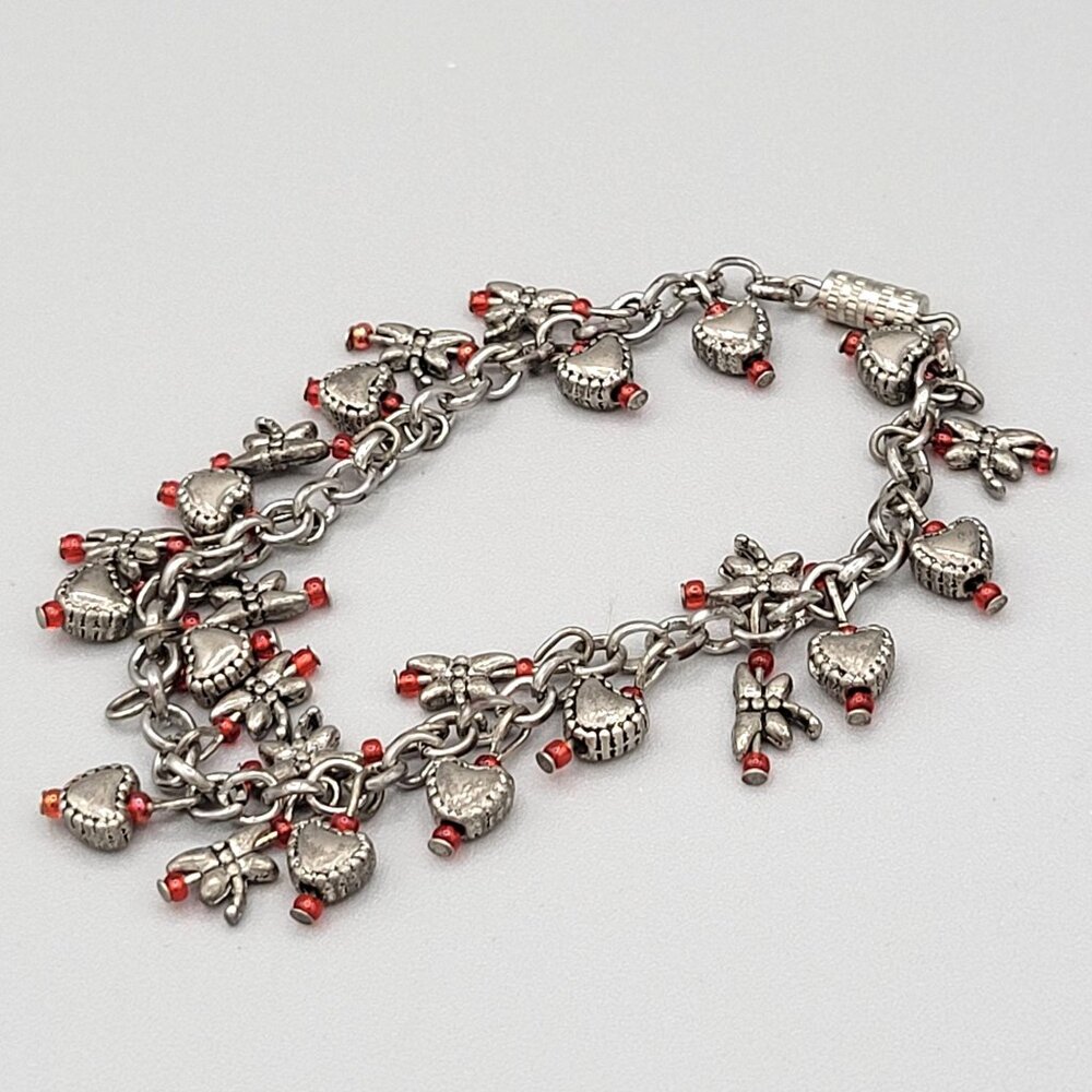 Vintage Silver Tone Heart & Butterfly Charm Bracelet With Red Bead Accents